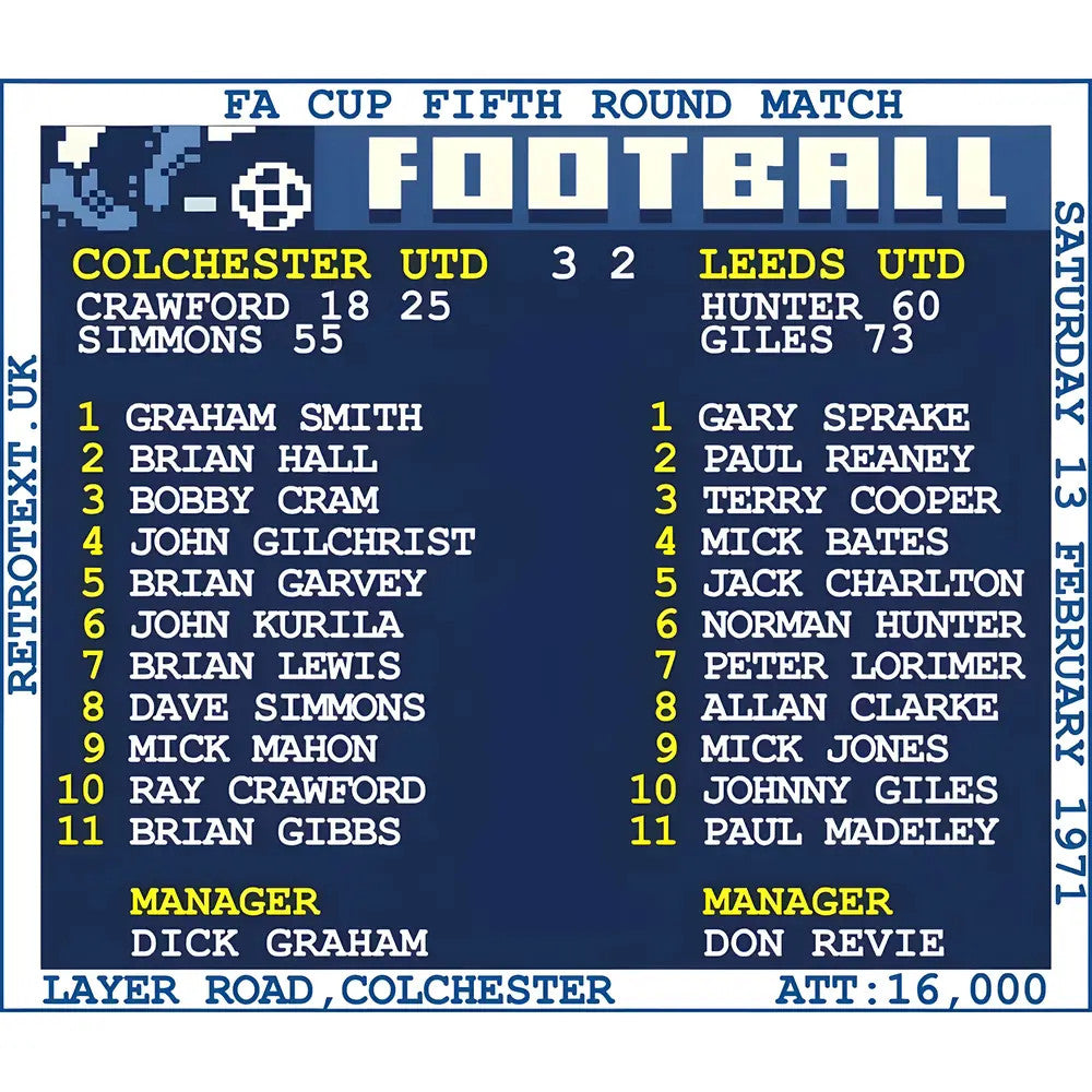 1971 Colchester Utd v Leeds (Colchester) Retrotext T-Shirt Â£25.00_1